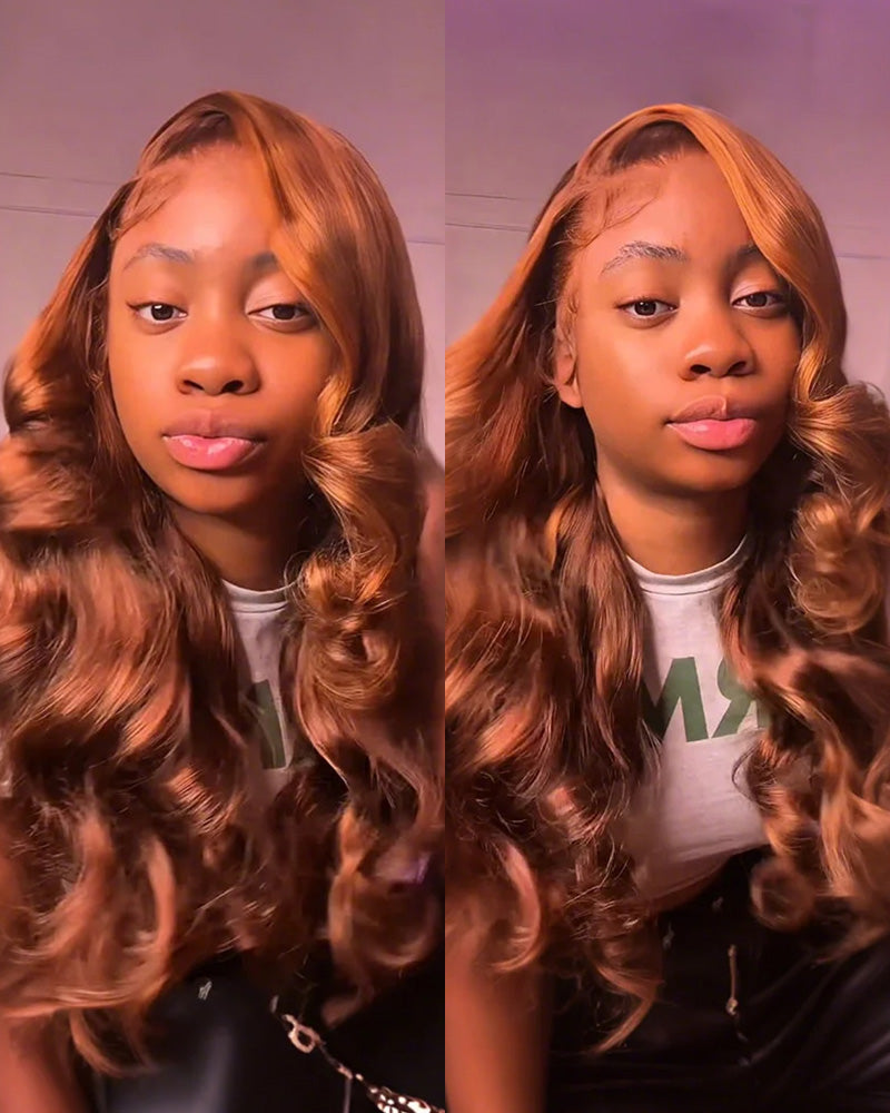000Dark Brown With Highlight Colored Body Wave 13x4 Lace Front Human Hair Wigs