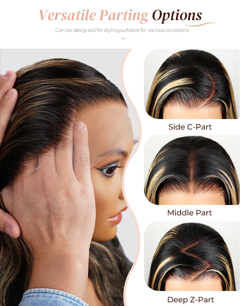 Arabella 13x4 Frontal Lace & 6x5 Invisible Knots Glueless Balayage Highlight Body Wave/Silky Straight Wig Invisible Knots Realistic Hairline