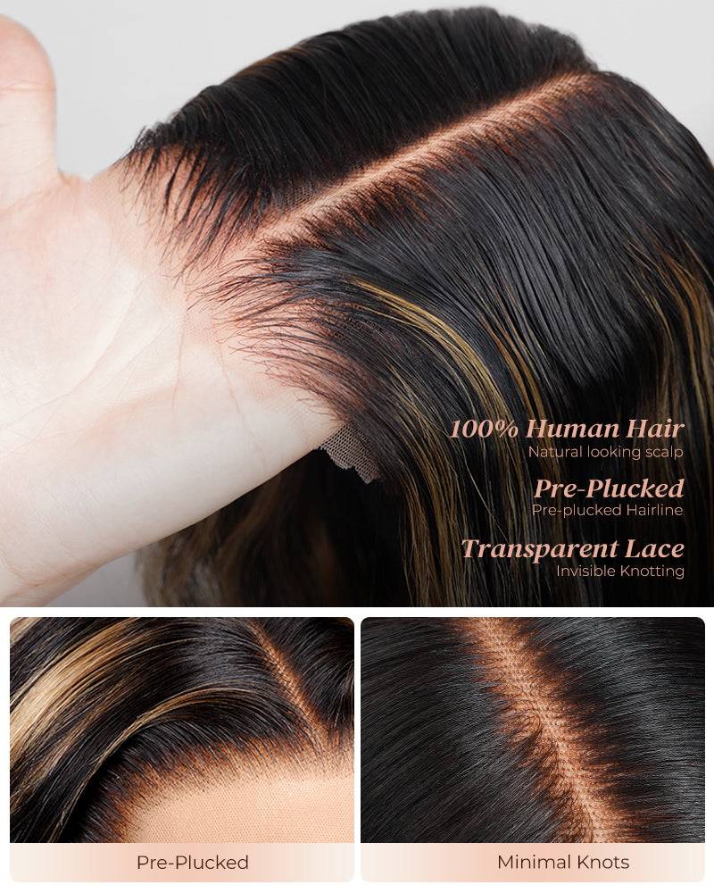 Arabella 13x4 Frontal Lace & 6x5 Invisible Knots Glueless Balayage Highlight Body Wave/Silky Straight Wig Invisible Knots Realistic Hairline