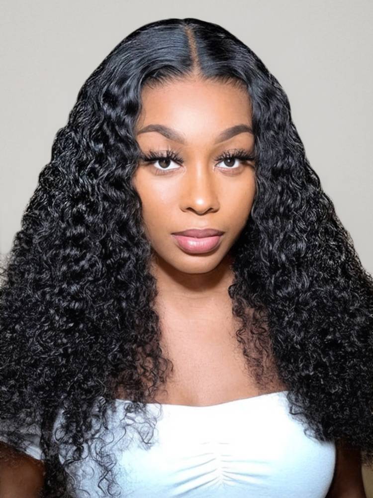 000Arabella 13x4 Frontal Lace Jerry Curly Wig Invisible Knots Natural Black Realistic Hairline