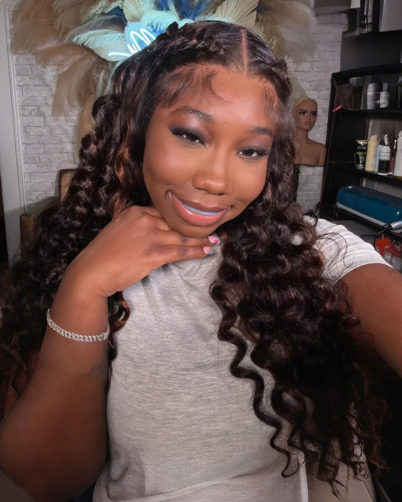 $200-$100 | Arabella 6x5 invisible knots Glueless Auburn Highlights on Black Hair Loose Deep Wave Wig Pre-cut Lace
