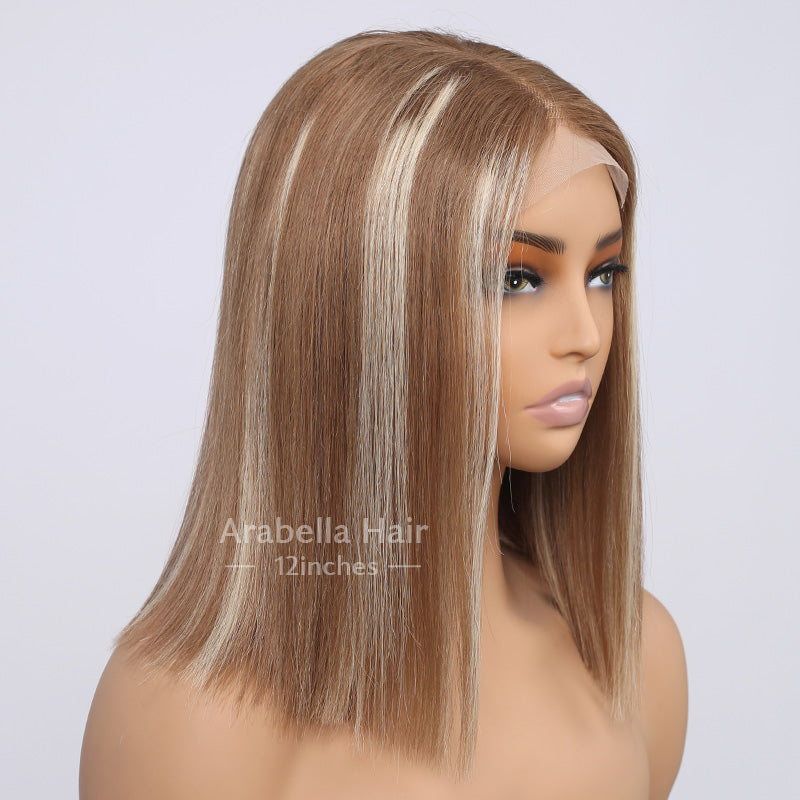 00013x4 Lace Front Mixed Brown & Blonde Color Straight Human Hair Wig Straight 12(bob haircut)