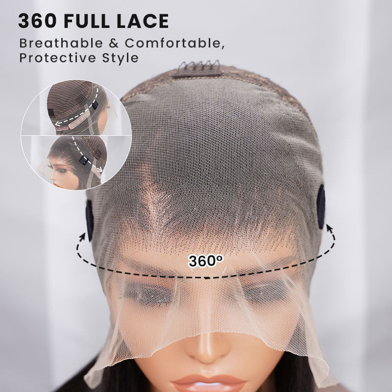 Arabella 360 Full Lace Glueless Auburn Highlights on Black Hair Body Wave Wig Invisi Drawstring Pull & Go