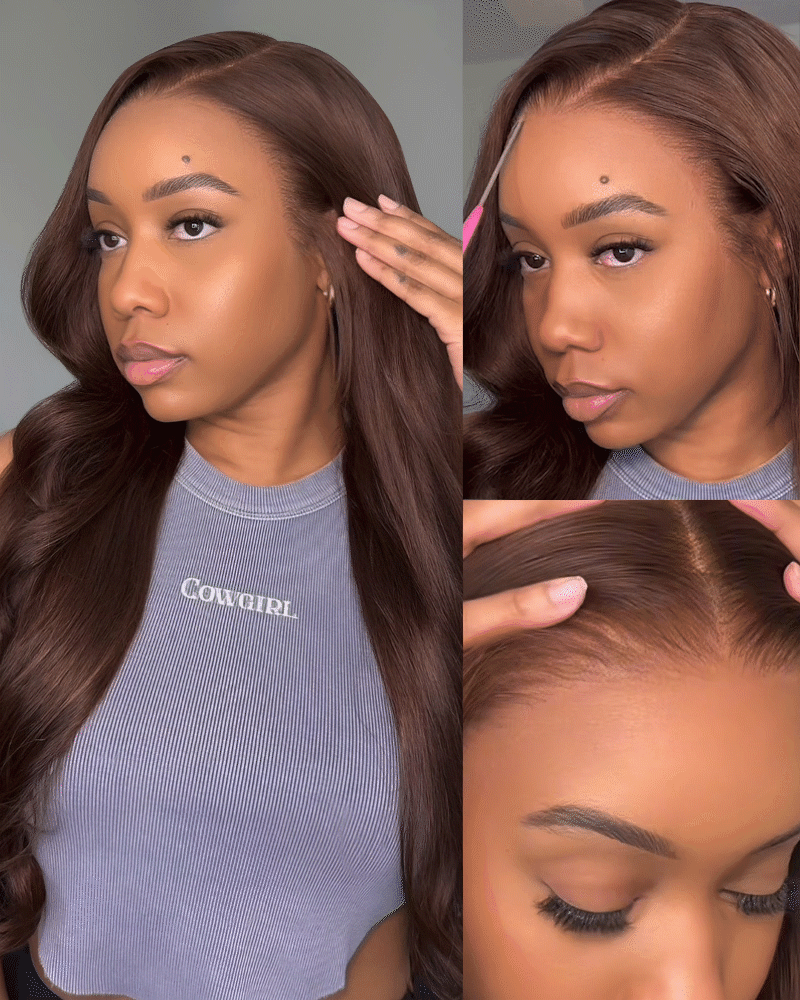 Arabella chocolate brown glueless lace front human hair wig, natural hairline