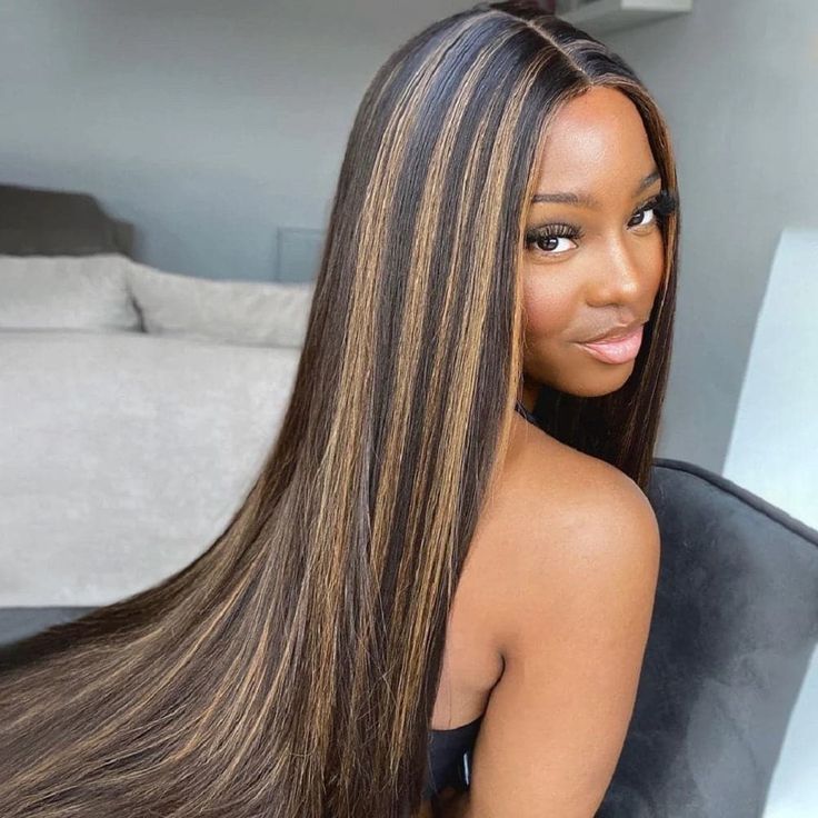 【$299 = 2 WIGS】Arabella 6x5 invisible knots Glueless Auburn Highlights on Black Hair Straight Wig Invisible Knots Realistic Hairline