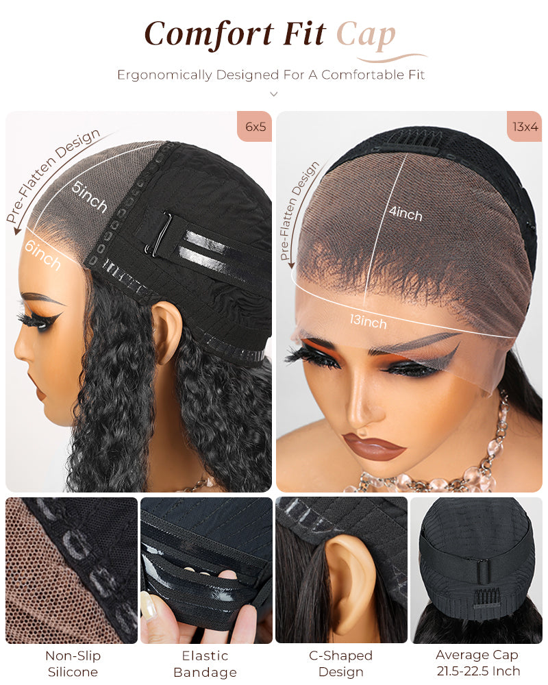 Arabella 6x5 Invisible Knots Glueless & 13x4 Frontal Lace Deep Wave Wig Pre-cut Lace Natural Black Beginner Friendly