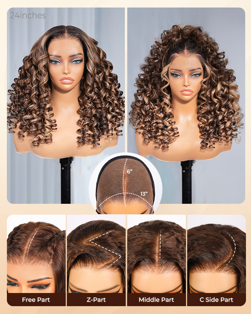 【$299 = 2 WIGS】Arabella 13x6 Three-Go™ Ombre Highlight Honey Blonde Glueless Wig Wand Curl With Drawstring 100% Human Hair Wig