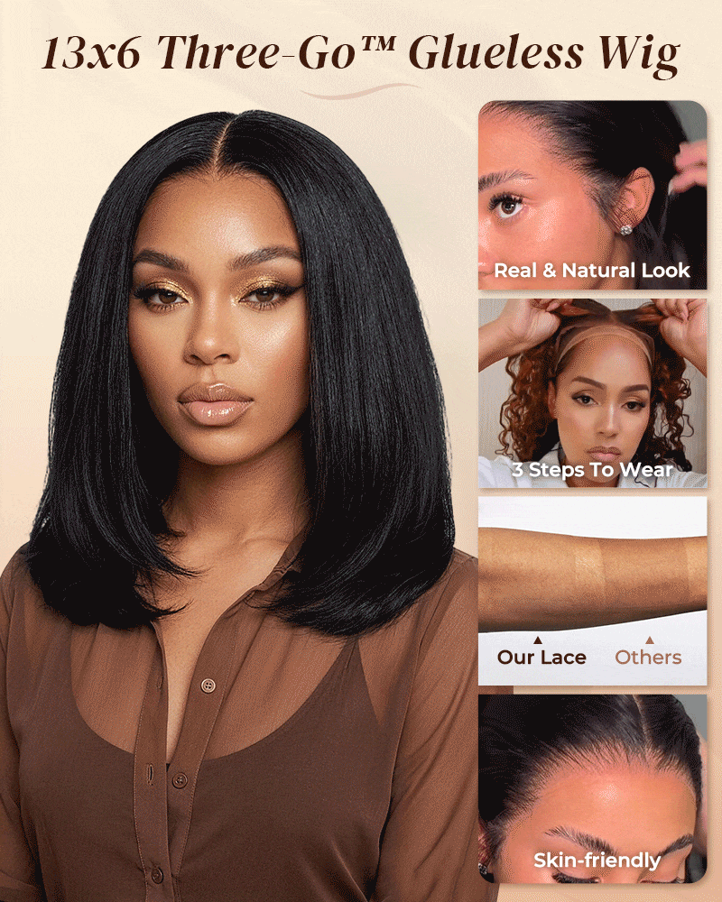 Arabella 13x6 Three-Go™ 280% High Density Straight Bob Invisible Knots Natural Black Glueless Beginner Friendly