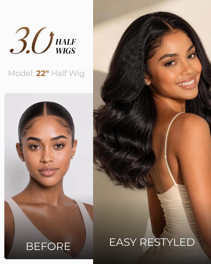 Arabella 3 In 1 Half Wig 250% Density Yaki Body Wave Wig Invisible Drawstring Natural Black Endless Styles No Glue No Lace Install