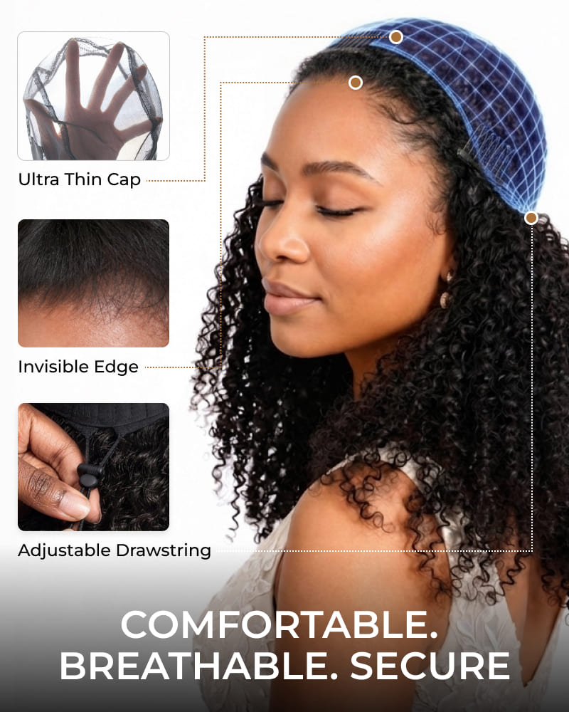 Arabella 3 In 1 Half Wig Afro Kinky Curly Wig Invisible Drawstring Natural Black Endless Styles No Glue No Lace Install
