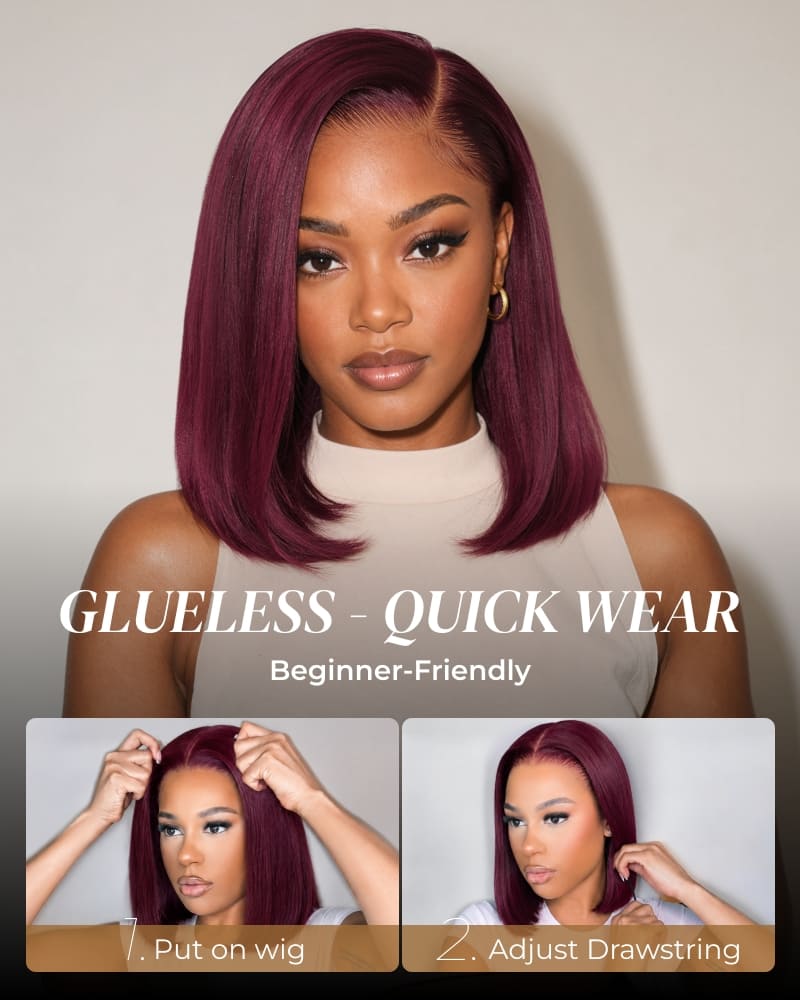 Arabella 6x5 Invisible Knots Glueless Dark Plum Straight Bob Wig Pre-cut Lace Beginner Friendly