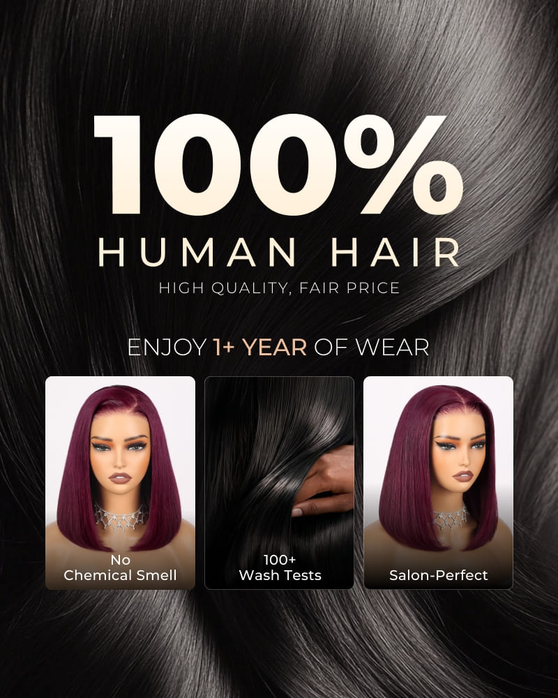 Arabella 6x5 Invisible Knots Glueless Dark Plum Straight Bob Wig Pre-cut Lace Beginner Friendly