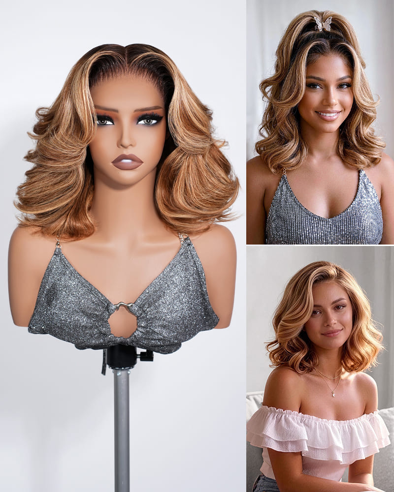 Arabella 13x6 Three-Go™ 250% High Density Ombre Highlight Honey Blonde Glueless Wig Loose Body Wave Bob Wig With Drawstring