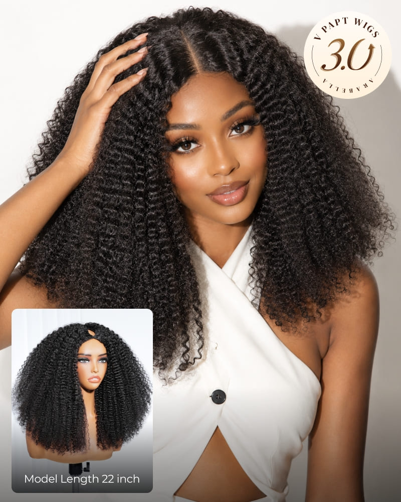 Arabella V-Part Natural Black Afro Kinky Curly Wig + Crochet Hair Invisi Drawstring Upgrade Clip