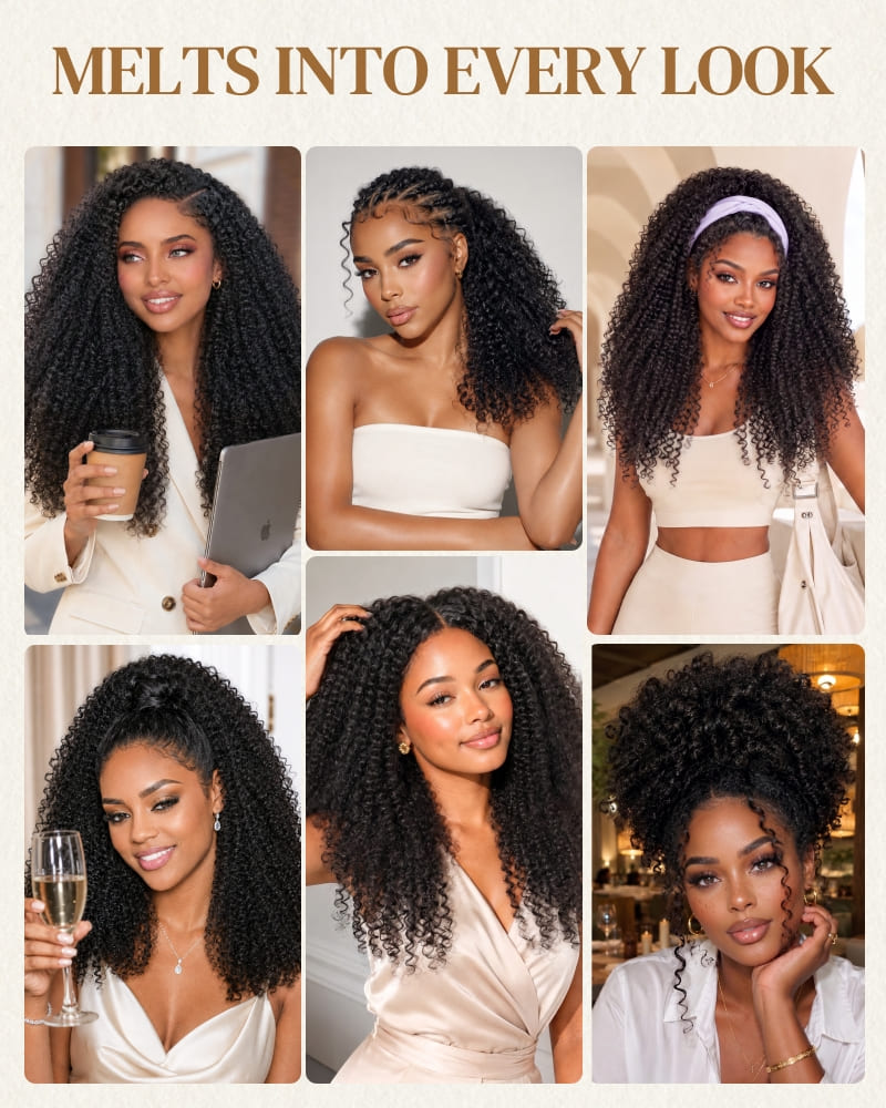 Arabella V-Part Natural Black Afro Kinky Curly Wig + Crochet Hair Invisi Drawstring Upgrade Clip