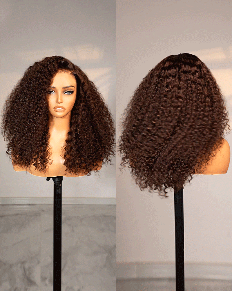 13x6 lace front brown water wave wig with side part, front and back view