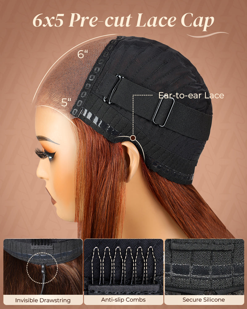 Arabella drawstring glueless wig—secure fit, 100% human hair, ginger shade
