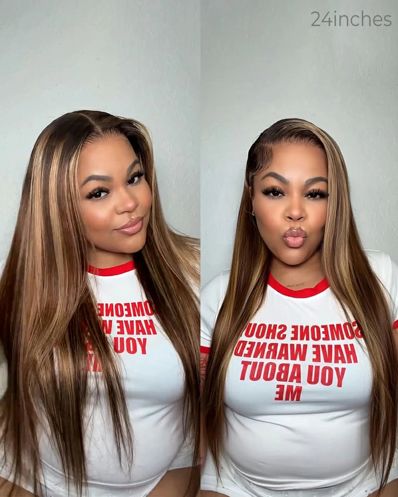 Silky straight honey blonde human hair wig—front and side view | Arabella Hair