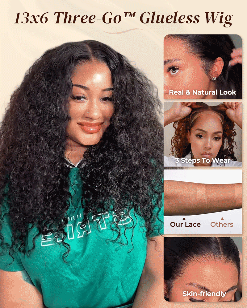 Arabella 13x6 Three-Go™ Glueless Wig Water Wave With Drawstring Natural Black 100% Human Hair Wig