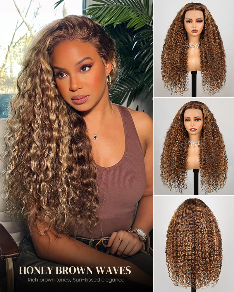 000Arabella 13x4 Frontal Lace & 6x5 Invisible Knots Glueless Honey Blonde Highlights On Brown Wig Water Wave Wig Invisible Knots