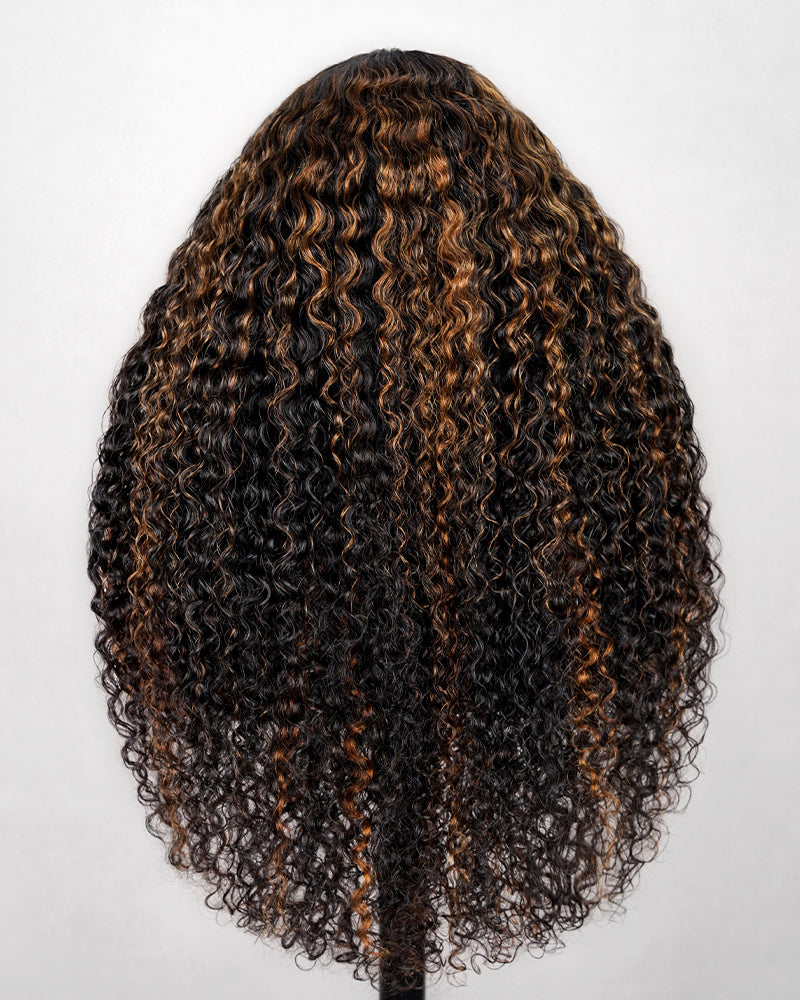 Arabella V-Part Lace Glueless Auburn Highlights on Black Hair Jerry Curly Wig Invisi Drawstring Clip & Go