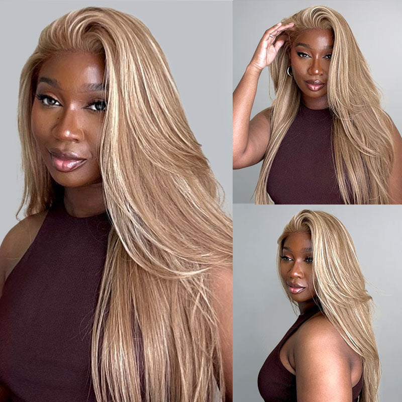 00013x4 Lace Front Mixed Brown & Blonde Color Straight Human Hair Wig