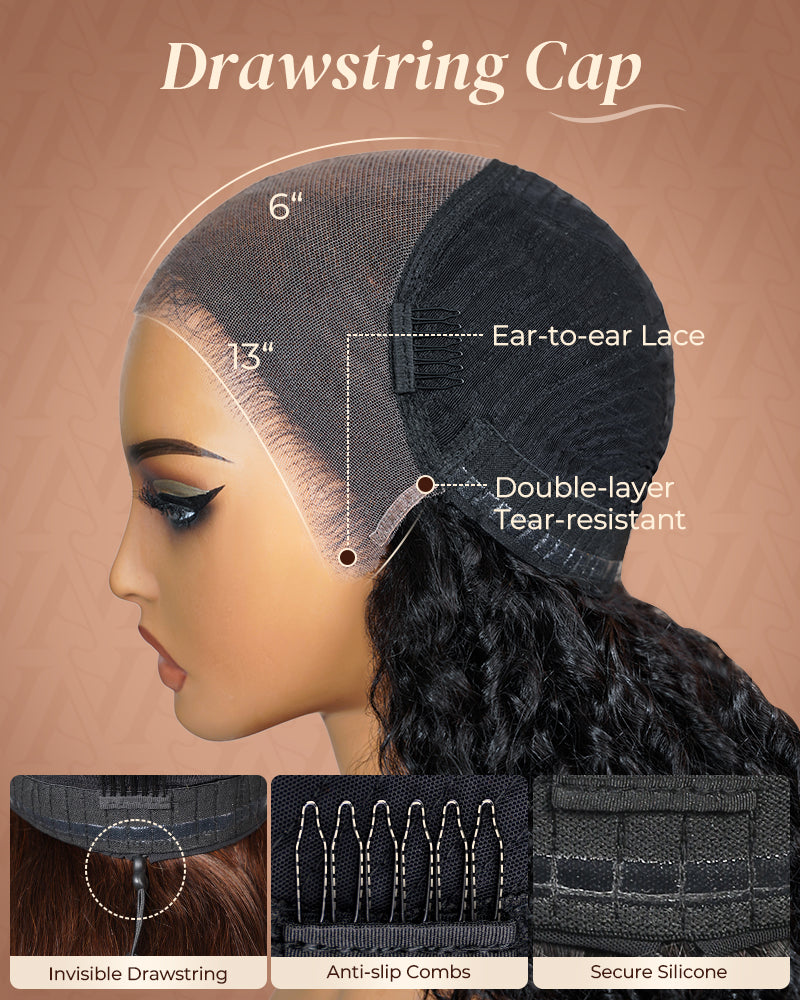 Arabella 13x6 Three-Go™ Glueless Wig Jerry Curly With Drawstring Natural Black 100% Human Hair Wig