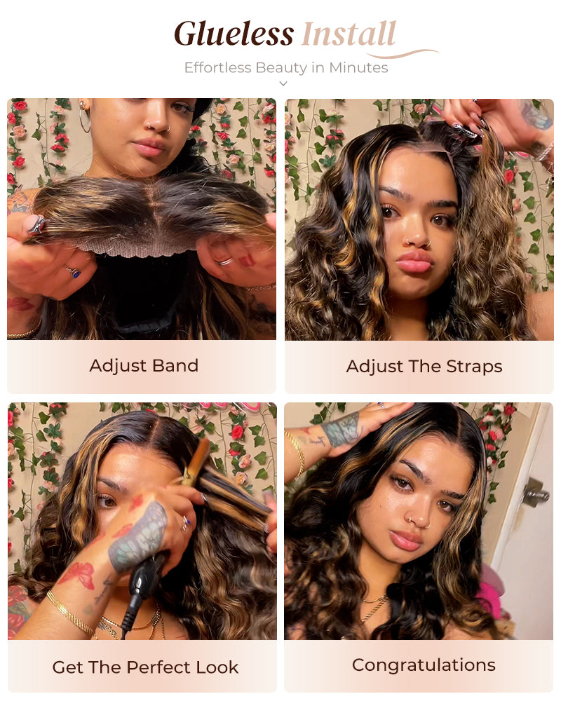 Arabella 6x5 invisible knots Glueless Auburn Highlights on Black Hair Loose Deep Wave Wig Pre-cut Lace