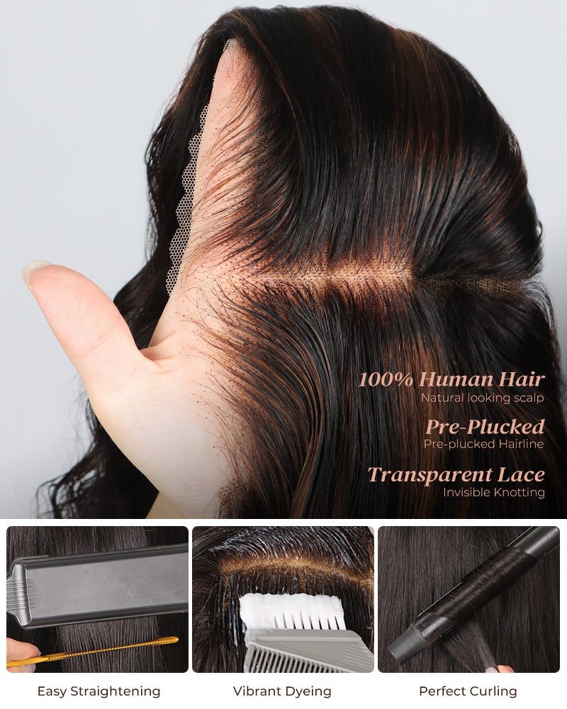 Arabella 6x5 invisible knots Glueless Auburn Highlights on Black Hair Loose Deep Wave Wig Pre-cut Lace