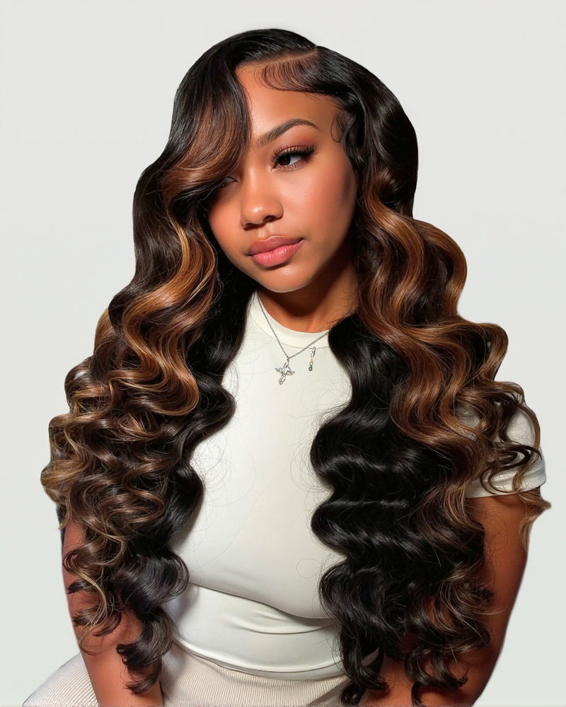 Arabella 6x5 invisible knots Glueless Auburn Highlights on Black Hair Loose Deep Wave Wig Pre-cut Lace