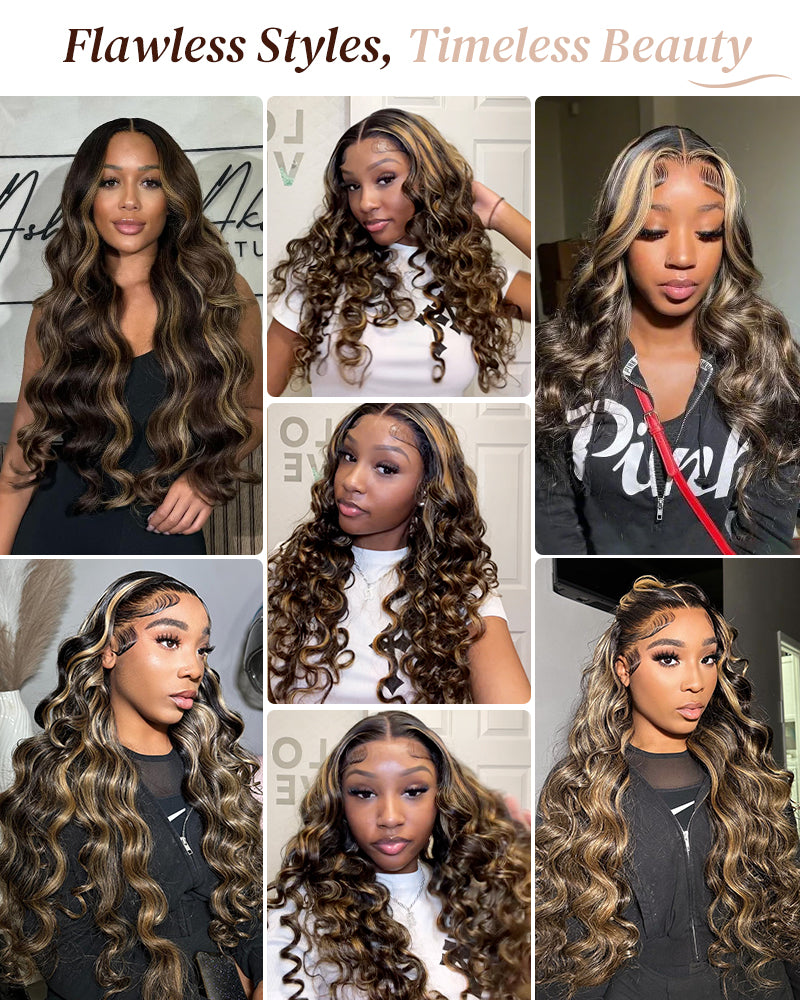 000Arabella 6x5 invisible knots Glueless Balayage Highlight Colored Wig Loose Deep Wave Wig Pre-cut Lace Beginner Friendly