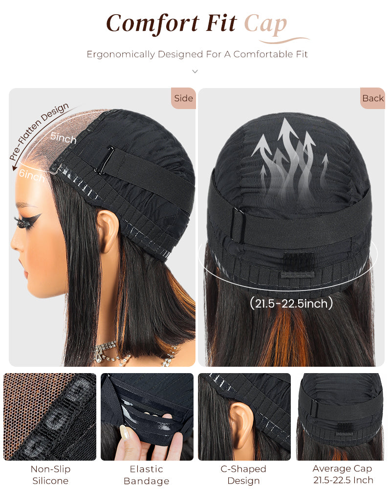 Arabella 6x5/6x6/13x4 Lace Glueless Auburn Highlights on Black Hair Straight Bob Wig Pre-cut Lace Beginner Friendly