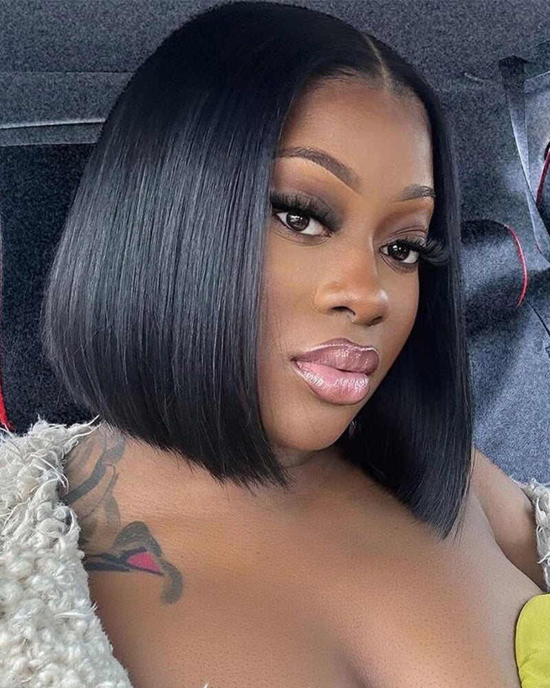 Arabella 6x5 Invisible Knots Glueless & 13x4 Frontal Lace Straight Bob Wig Pre-cut Lace Natural Black Beginner Friendly