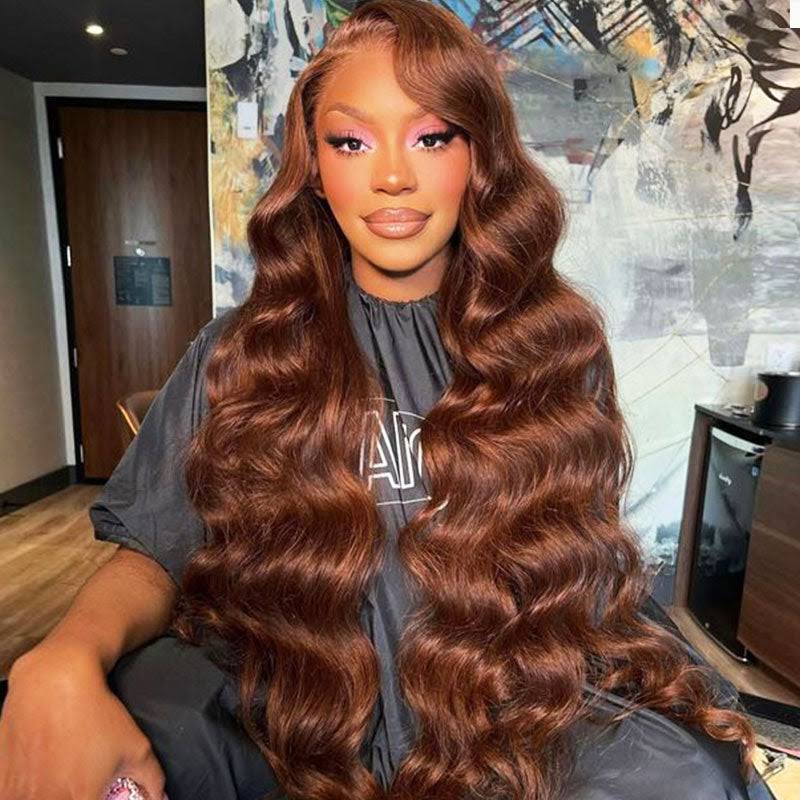 Arabella 13x4 Frontal Lace & 6x5 Invisible Knots Glueless Chocolate Brown Body Wave/Silky Straight Wig Invisible Knots Realistic Hairline