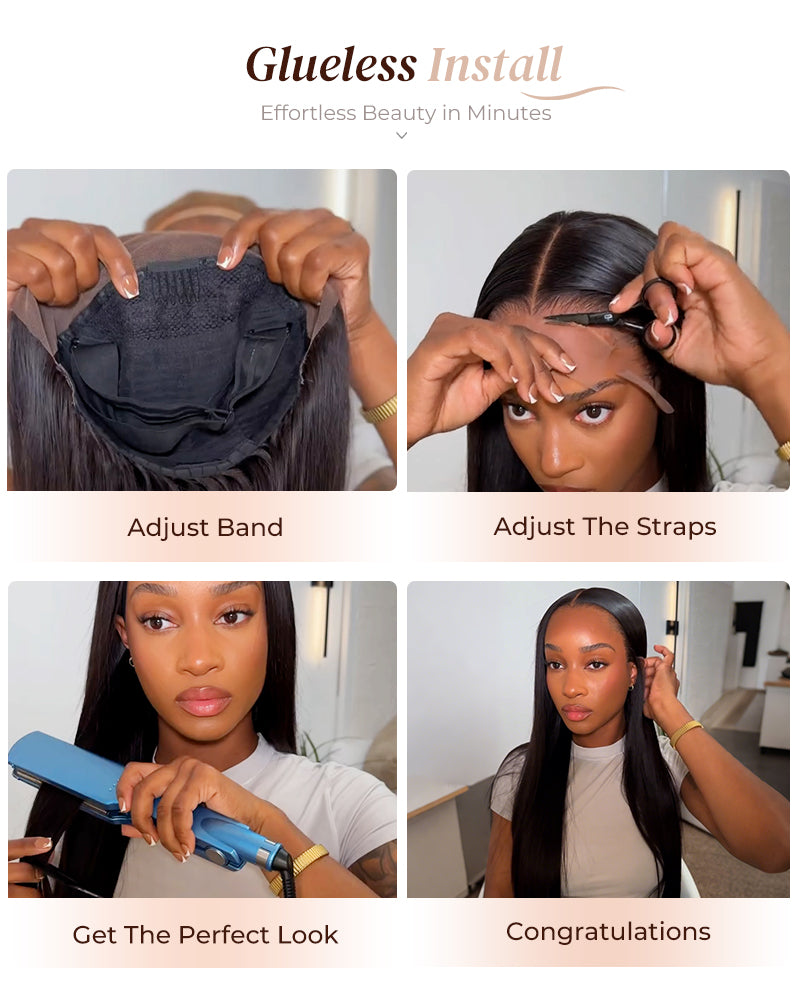 Arabella 6x5 Invisible Knots Glueless & 13x4 Frontal Lace Silky Straight Wig Pre-cut Lace Natural Black Beginner Friendly
