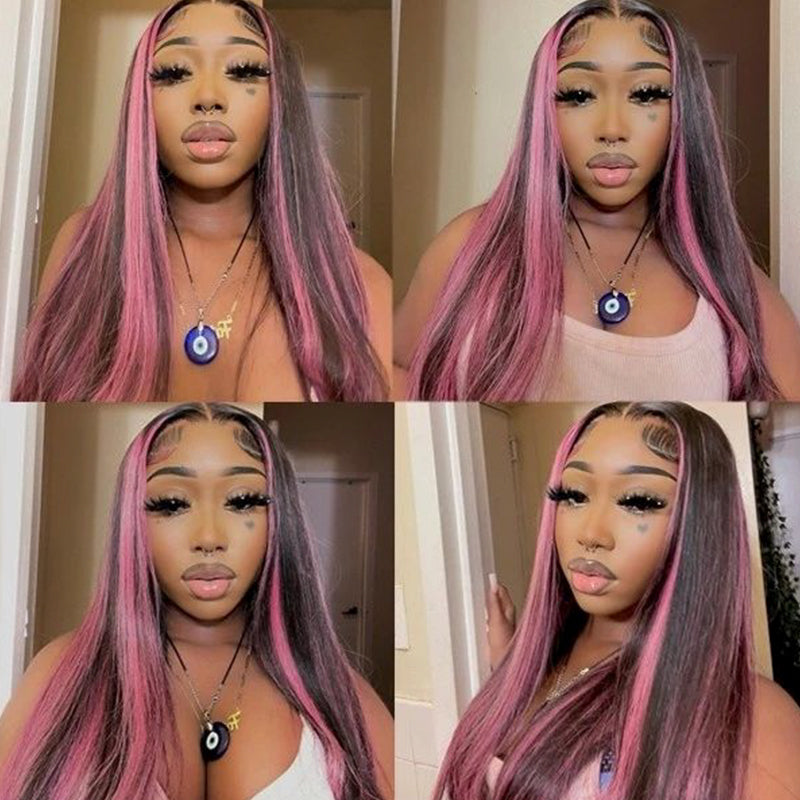 【BOGO】Red Purple Highlights Color Straight 13x4 Lace Front Human Hair Wigs Free Part