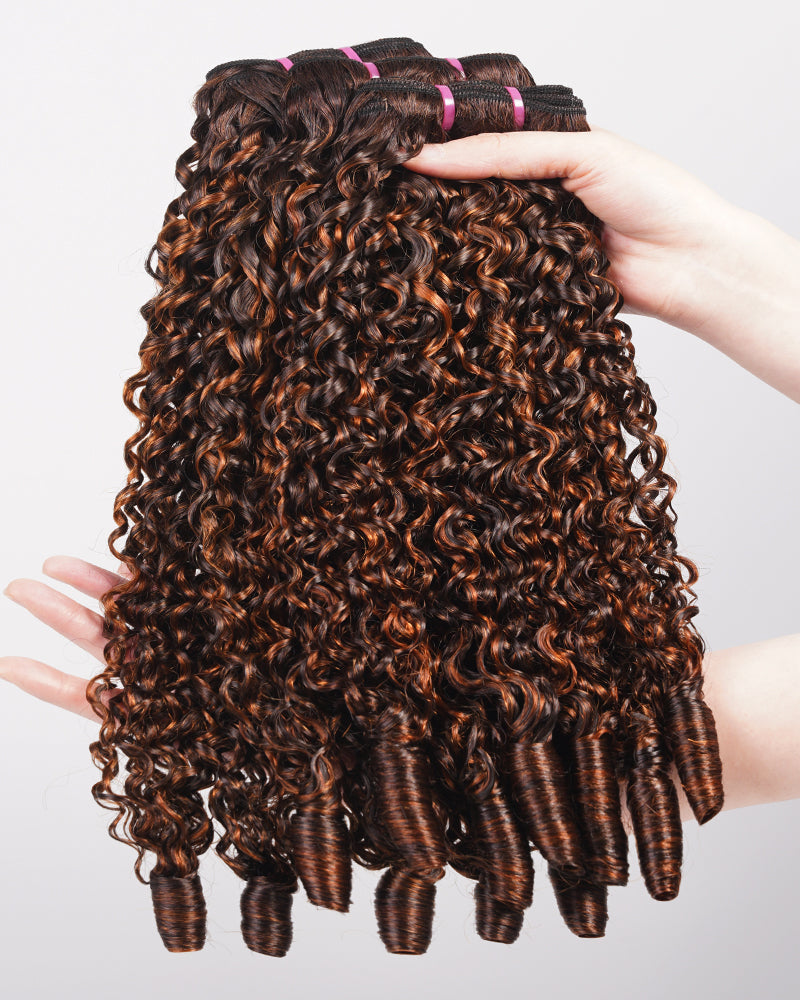 Arabella 12A Jerry Curly with Burmese Curly 3 Bundles Human Hair Weft Dark Brown Highlights Unprocessed Virgin Hair Weave