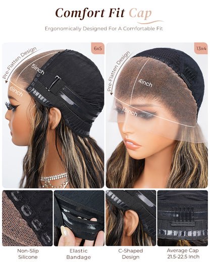 Arabella 13x4 Frontal Lace &amp; 6x5 Invisible Knots Glueless Balayage Highlight Body Wave/Silky Straight Wig Invisible Knots Realistic Hairline