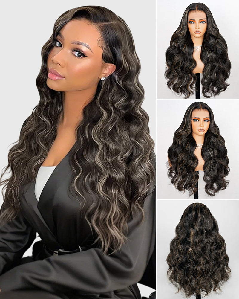 【BOGO】Arabella 6x5 Invisible Knots &amp; 13x4 Frontal Lace Honey Blonde Highlights On Black Body Wave Wig Invisible Knots