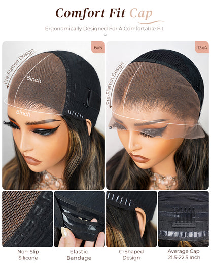 【BOGO】Arabella 6x5 Invisible Knots &amp; 13x4 Frontal Lace Honey Blonde Highlights On Black Body Wave Wig Invisible Knots