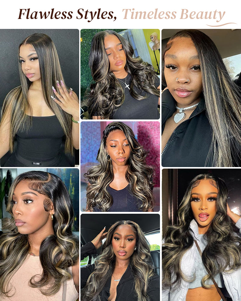 【BOGO】Arabella 6x5 Invisible Knots &amp; 13x4 Frontal Lace Honey Blonde Highlights On Black Body Wave Wig Invisible Knots