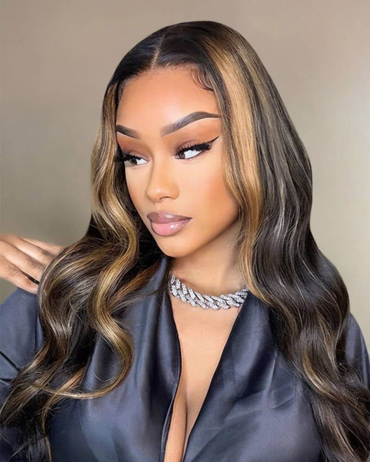 Arabella 13x4 Frontal Lace Auburn Highlights on Black Hair Body Wave Wig Invisible Knots Realistic Hairline