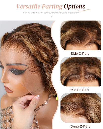 000Arabella 13x4 Frontal Lace &amp; 6x5 Invisible Knots Glueless Honey Blonde Highlights On Brown Wig Water Wave Wig Invisible Knots