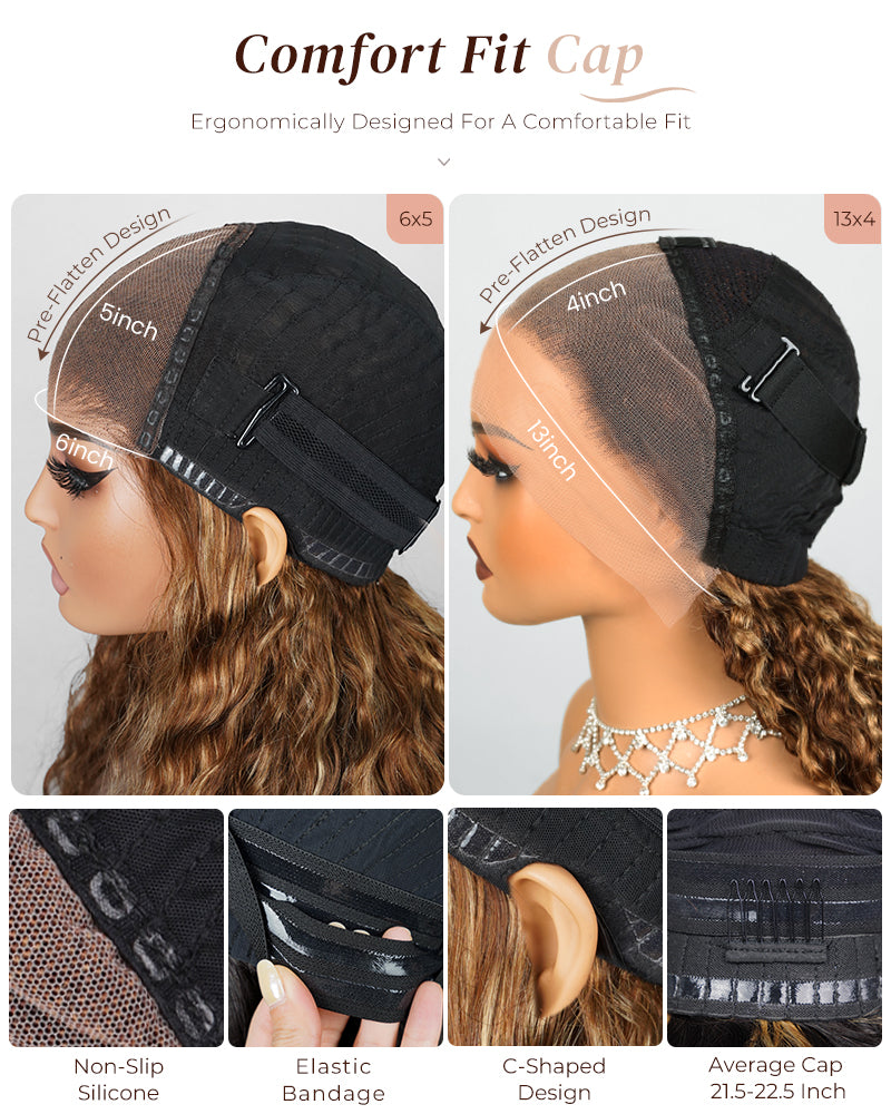 000Arabella 13x4 Frontal Lace &amp; 6x5 Invisible Knots Glueless Honey Blonde Highlights On Brown Wig Water Wave Wig Invisible Knots