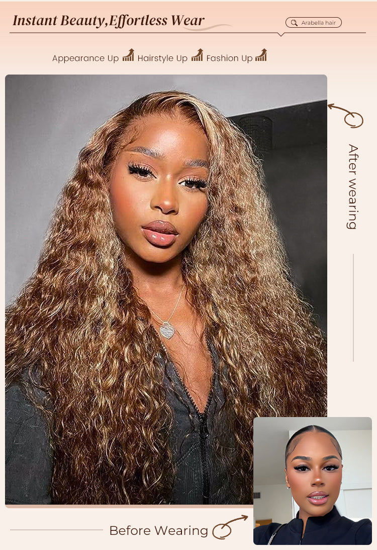 Before and After Wearing Water Wave Wig on Woman