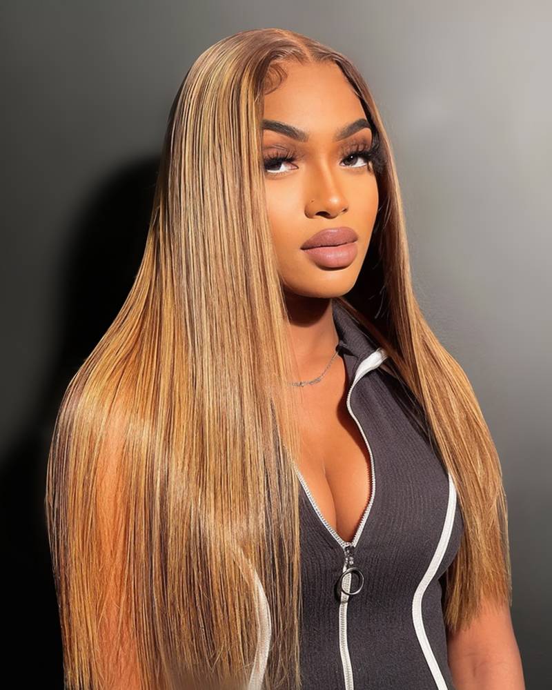 000Honey Blonde with Piano Highlights Colored Straight 13x4 Lace Front Human Hair Wig