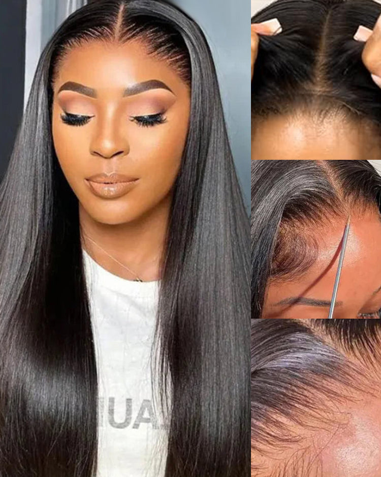 silky straight black wig with natural hairline and transparent lace