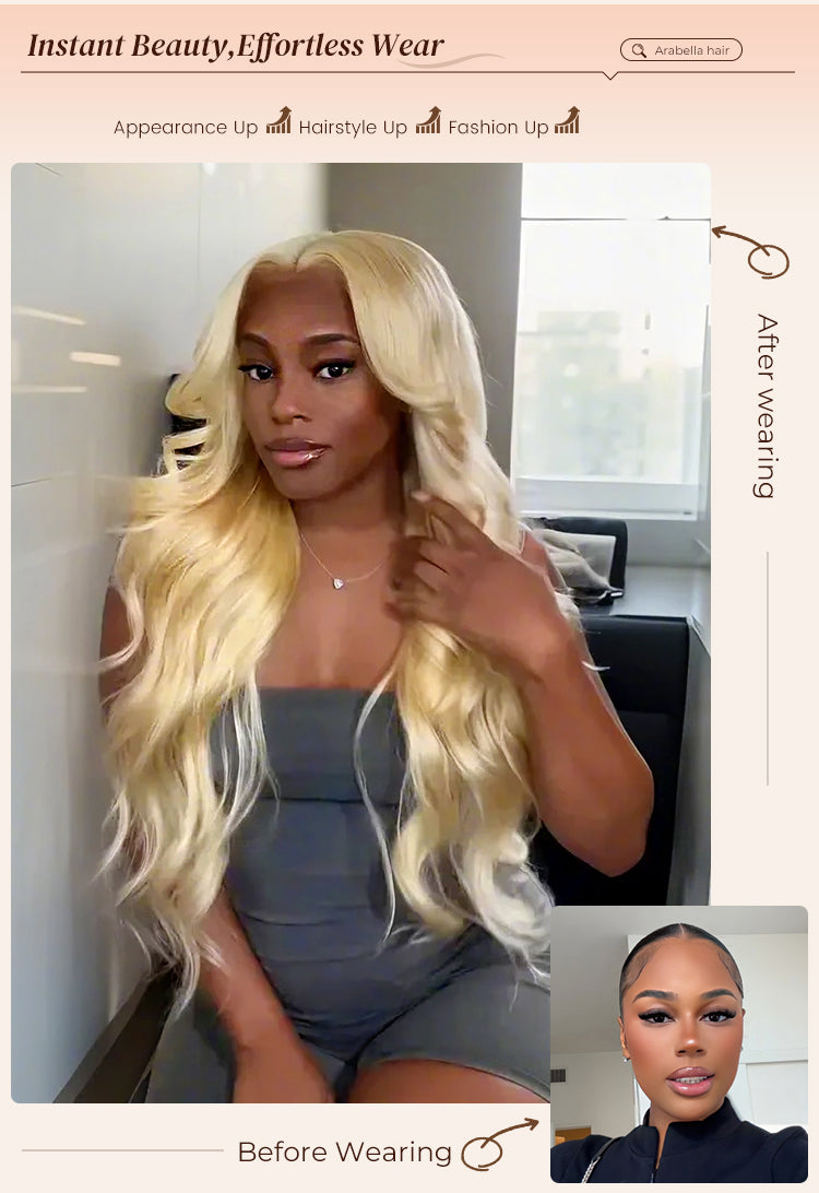 Before and After Wearing Blonde Body Wave Wig on Model