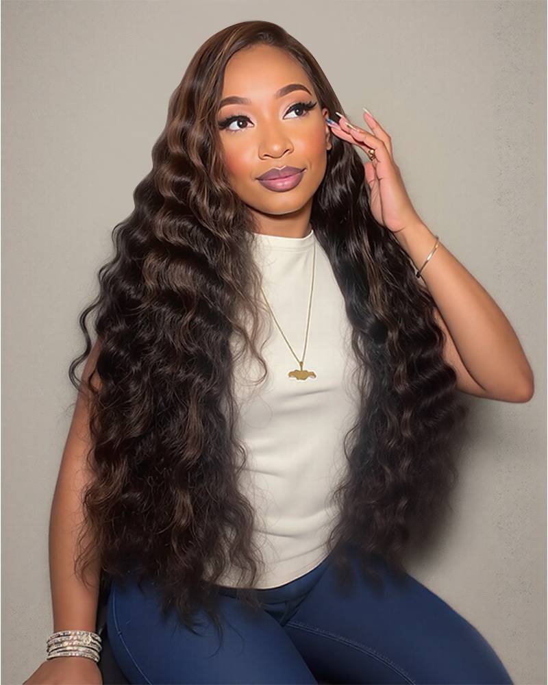 Arabella 13x4 Frontal Lace Auburn Highlights on Black Hair Loose Deep Wave Wig Invisible Knots Realistic Hairline