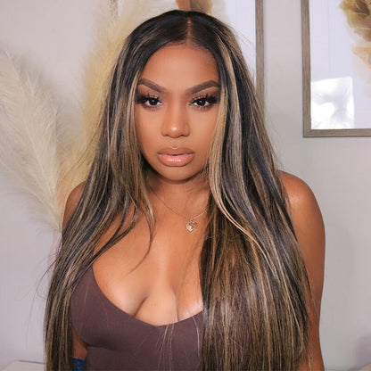 34" 13x4 Glueless Lace Straight Balayage Highlight Colored Lace Front Bleach Knots Human Hair Wig